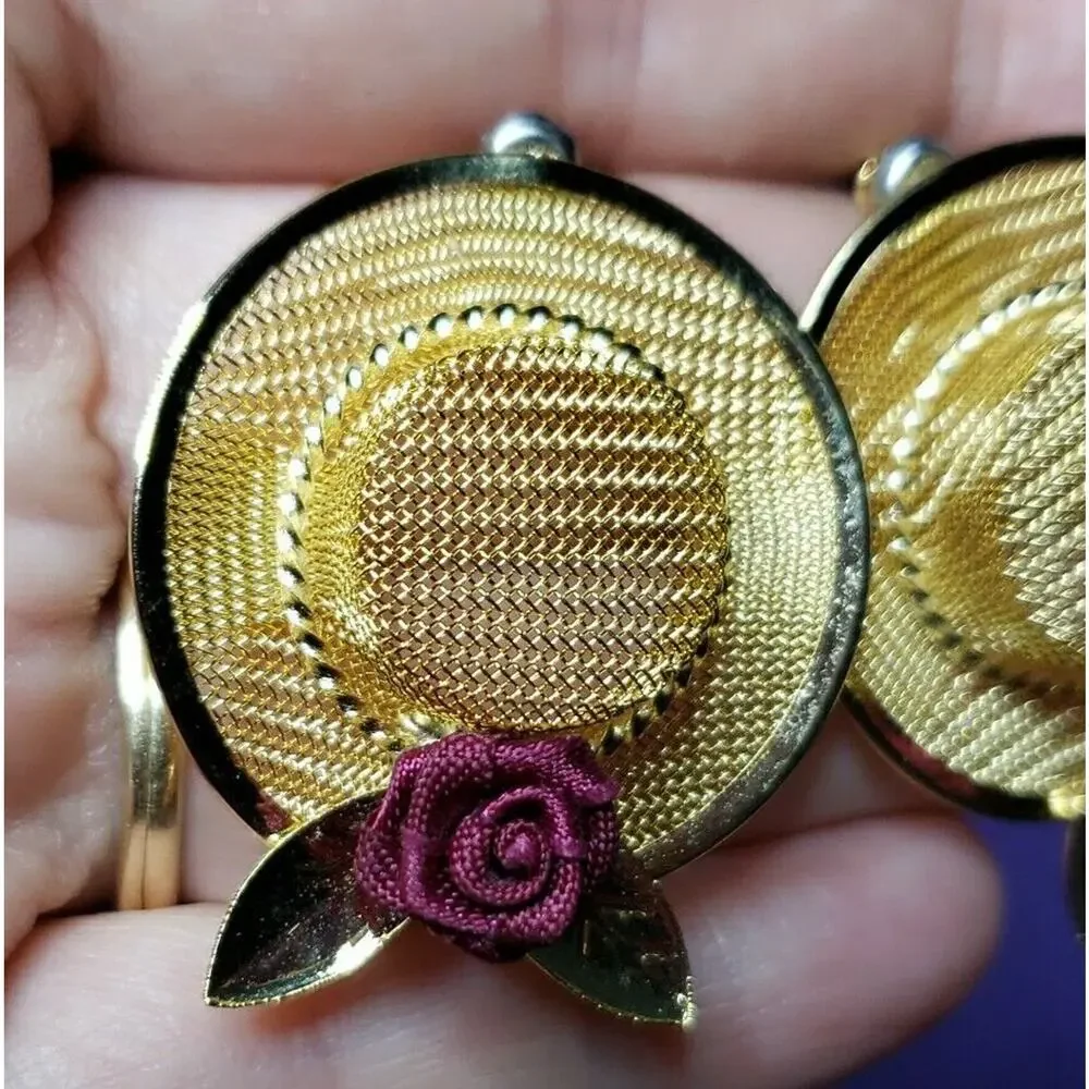 Straw Hat Pierced Earrings In Gold Tone Metal With Burgundy Flower Accent